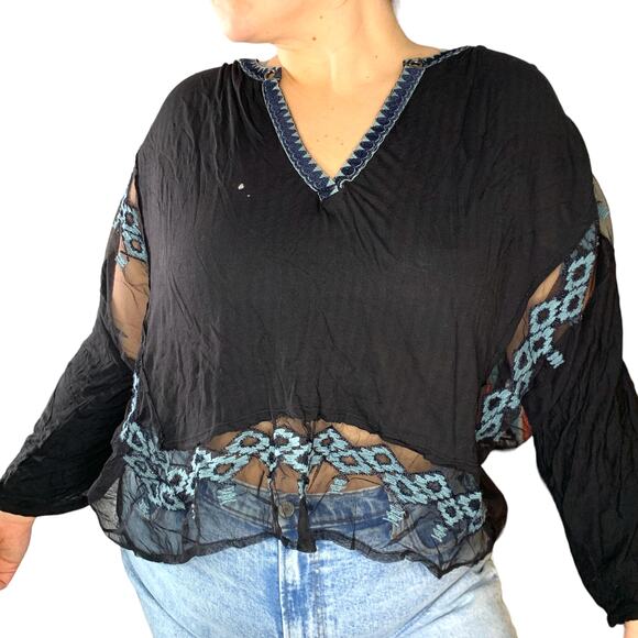 Free People Eden Mesh Bohemian Detail Oversized Tunic Blouse Top Medium - Picture 3 of 8